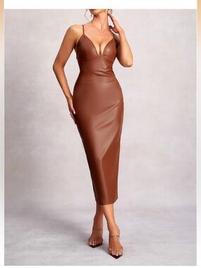 Winkbay Women's Deep V Neck Leather Dress Sleeveless Tie Backless